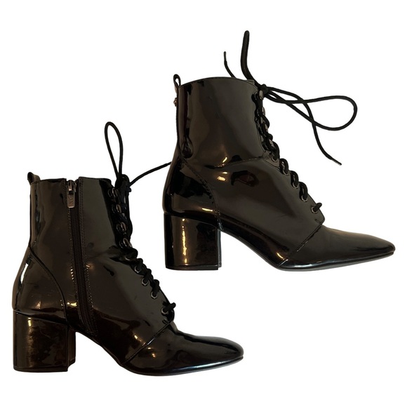 ANNE KLEIN • Women’s Shiny Black Leather Lace Up Booties Boots Shoes - Picture 10 of 11